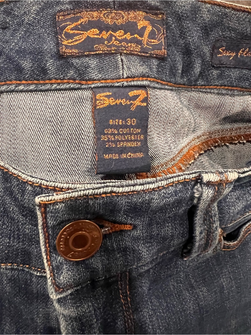 Seven7 Women's Dark Blue Flare Jeans with Orange Stitching